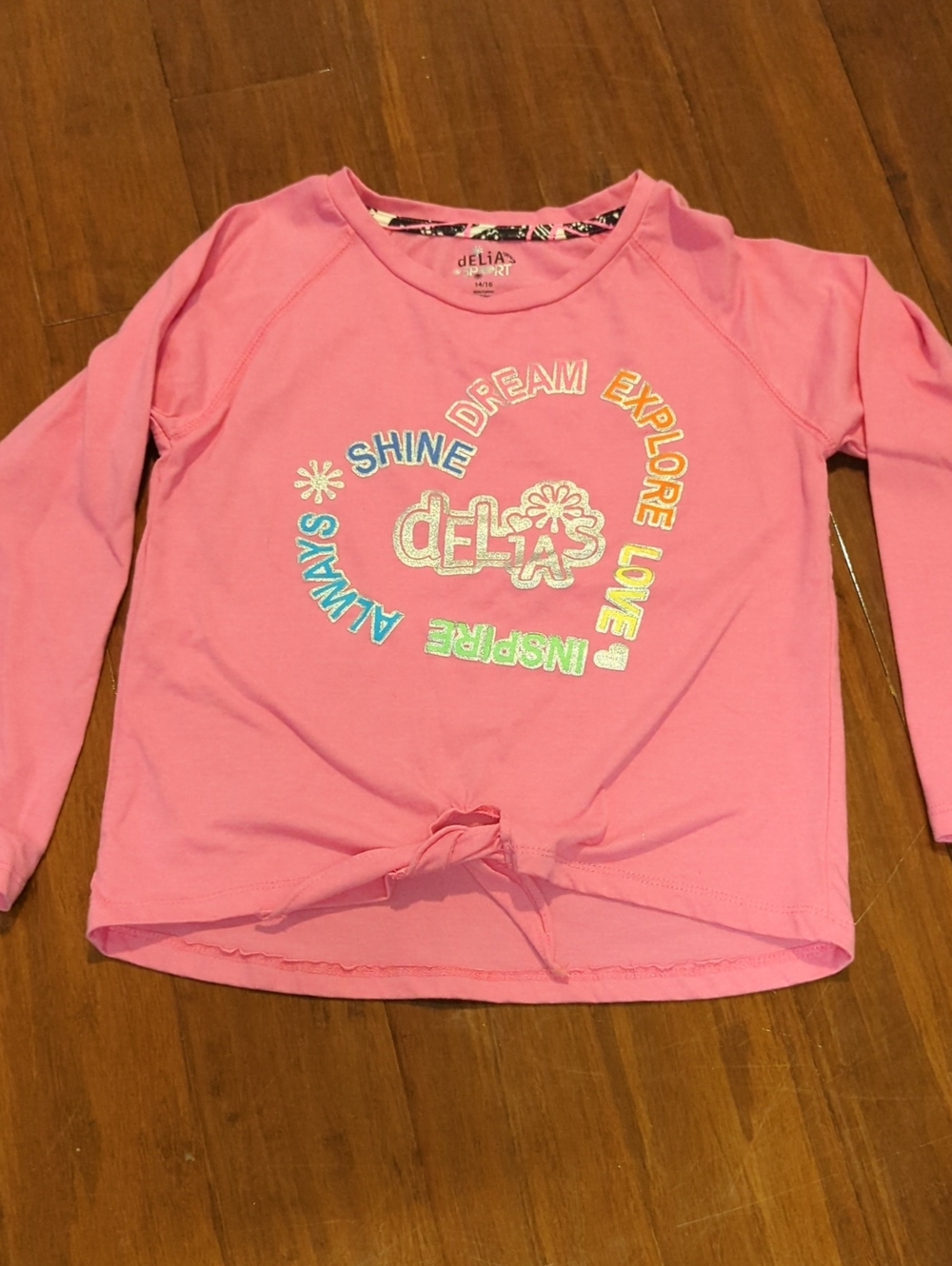 dELiA*s Pink Long Sleeve Knot-Front Tee with Colorful Graphic